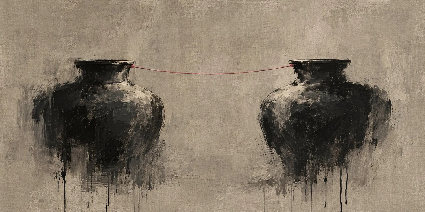 Two dark vessels facing each other across a thin rose thread, painted on linen.